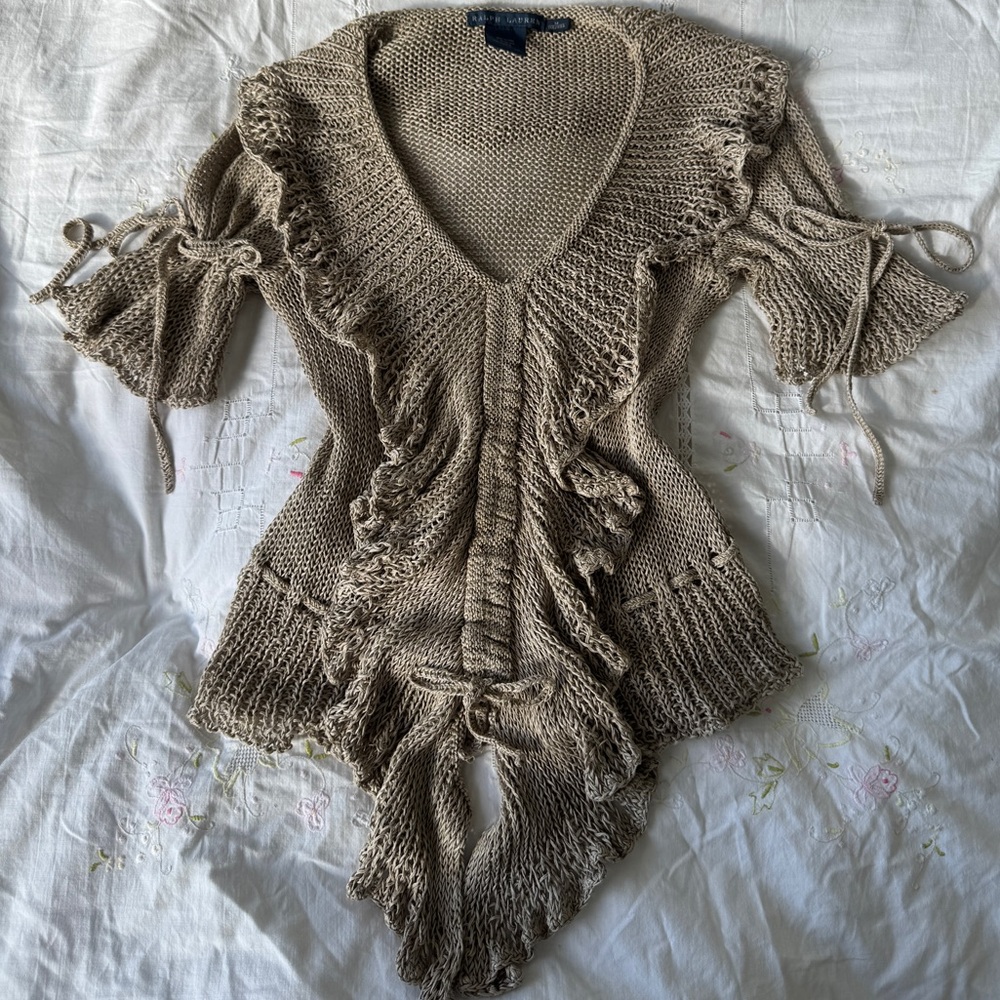 Ralph Lauren Beige Linen Ruffle Knit Top Size M